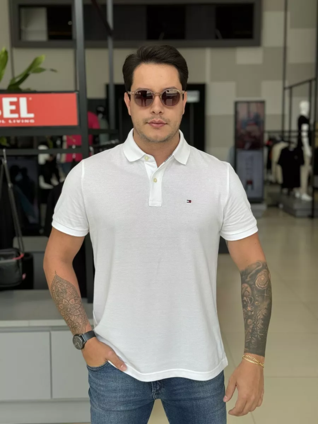 Polo Tommy Hilfiger Custom Fit Logo Assinatura Bordado Masculino Branco