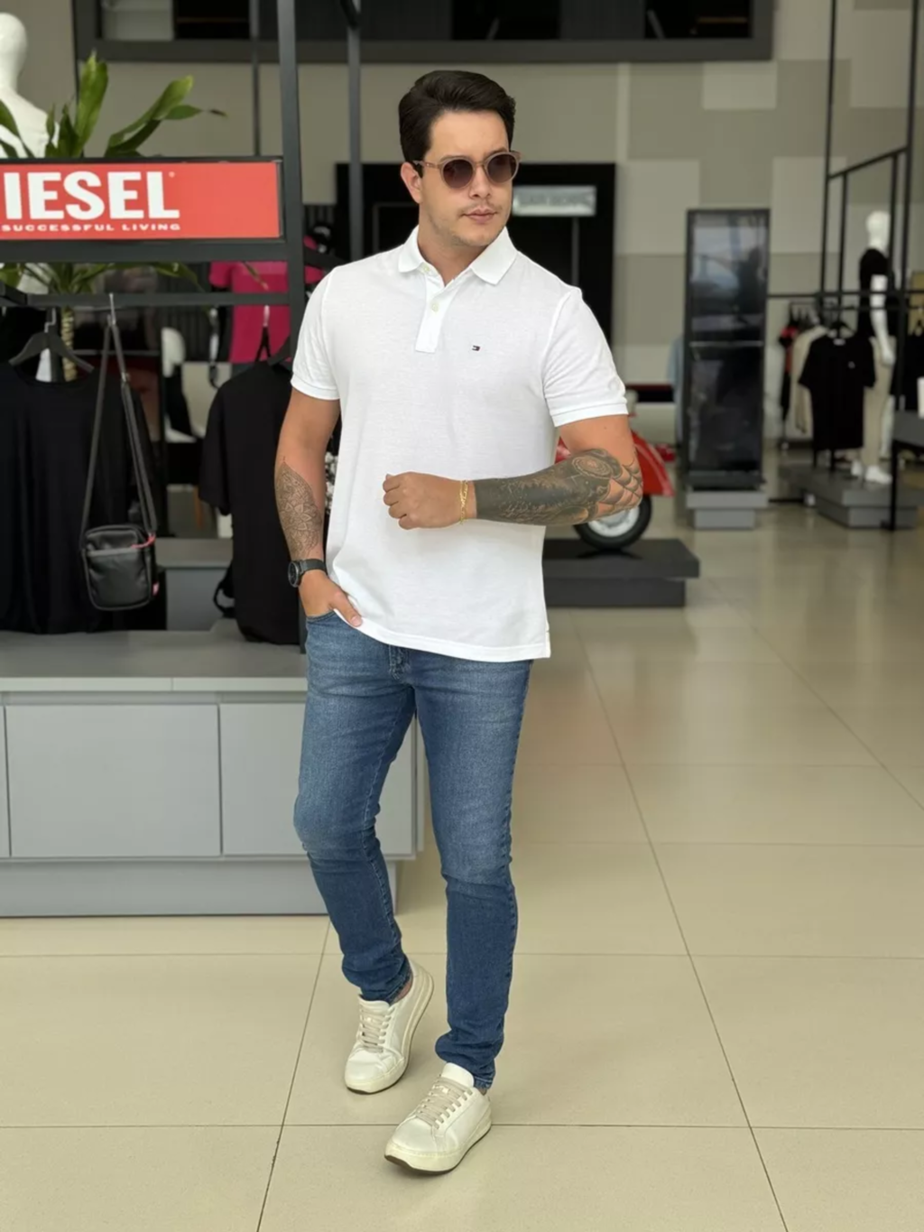 Polo Tommy Hilfiger Custom Fit Logo Assinatura Bordado Masculino Branco