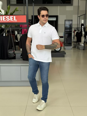 Polo Tommy Hilfiger Custom Fit Logo Assinatura Bordado Masculino Branco