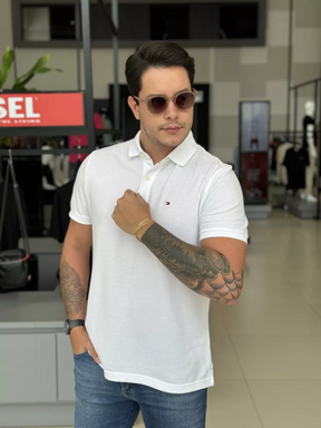 Polo Tommy Hilfiger Custom Fit Logo Assinatura Bordado Masculino Branco
