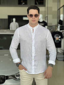 Camisa Calvin Klein Manga Longa Slim Fit Linen CK Bordado Masculino Off White