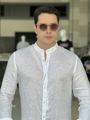 Camisa Calvin Klein Manga Longa Slim Fit Linen CK Bordado Masculino Off White