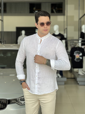 Camisa Calvin Klein Manga Longa Slim Fit Linen CK Bordado Masculino Off White