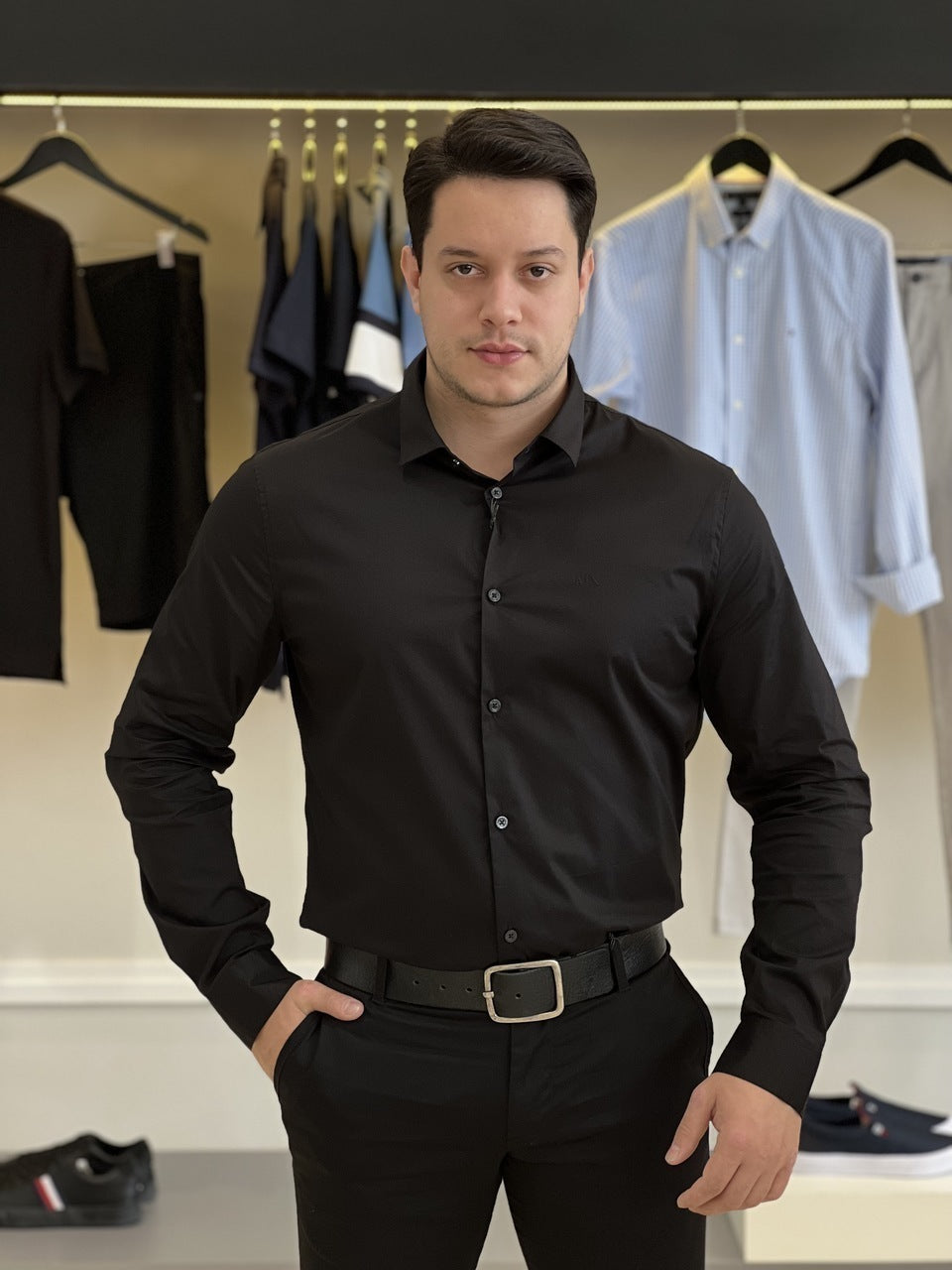 Camisa Armani Exchange Manga Longa Slim 8NZC31ZN28Z Black Masculino Preto