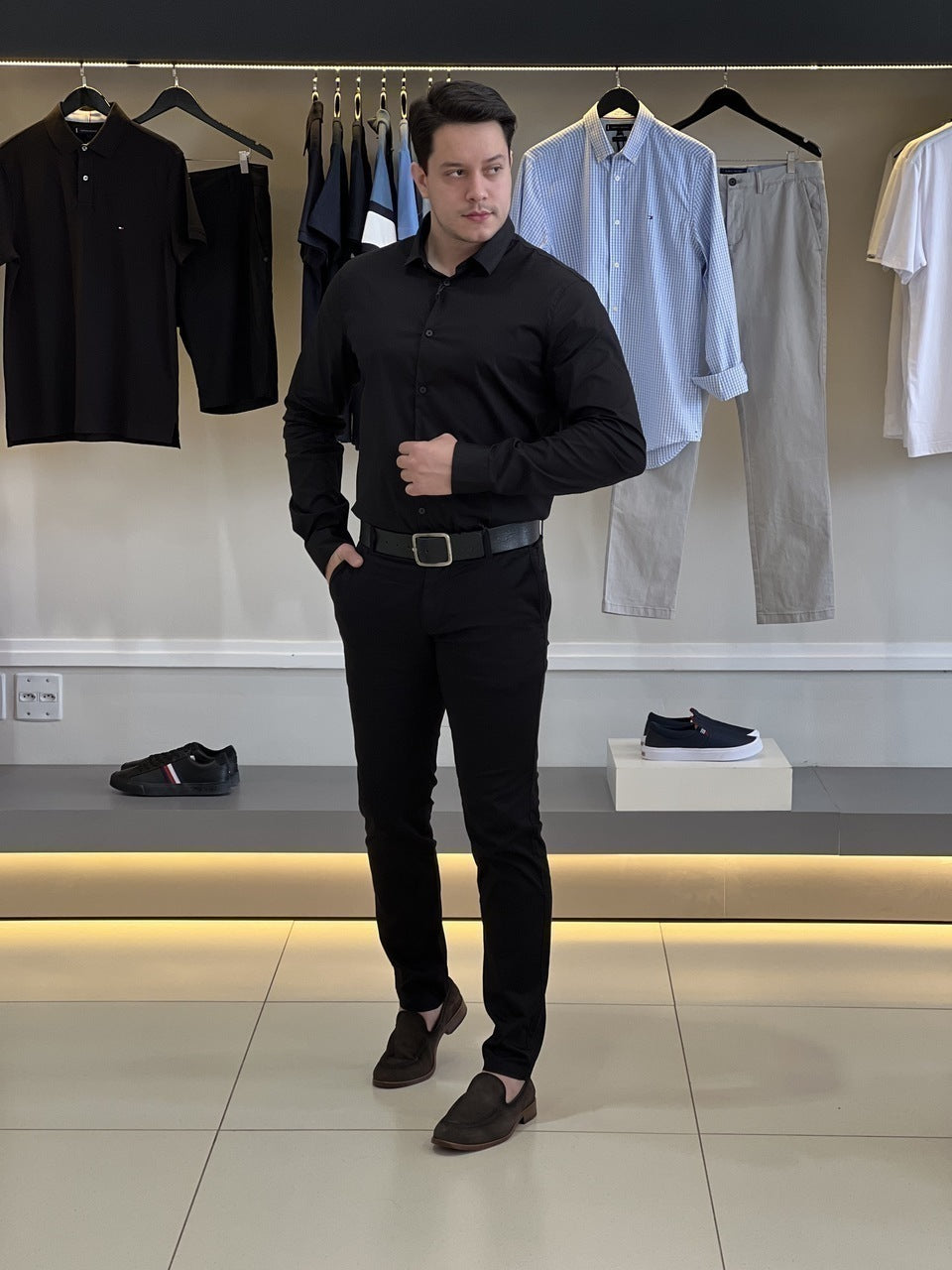 Camisa Armani Exchange Manga Longa Slim 8NZC31ZN28Z Black Masculino Preto