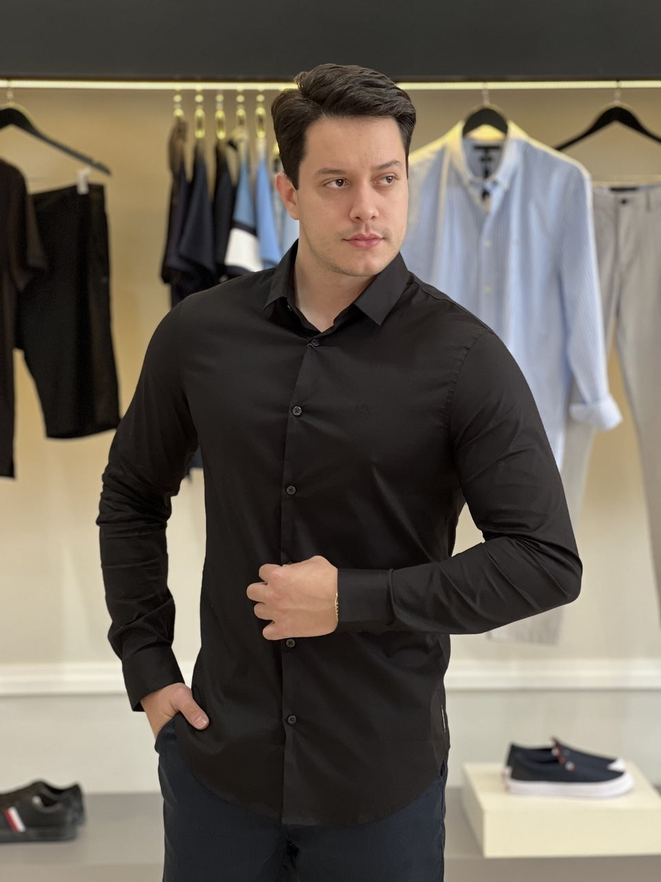 Camisa Armani Exchange Manga Longa Slim 8NZC31ZN28Z Black Masculino Preto