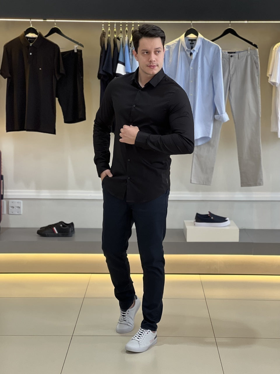 Camisa Armani Exchange Manga Longa Slim 8NZC31ZN28Z Black Masculino Preto