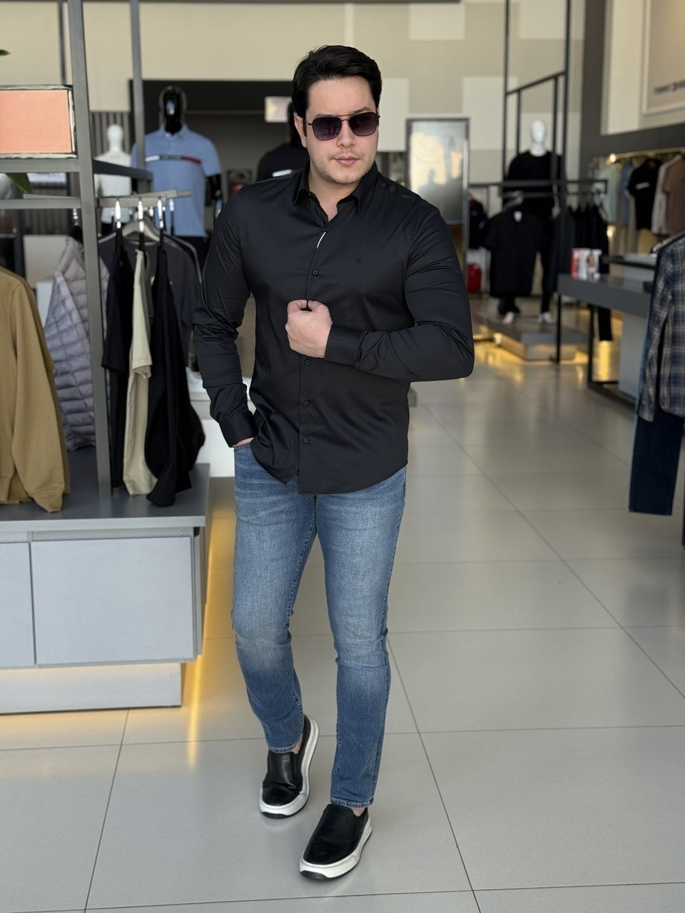Camisa Calvin Klein Manga Longa Slim Fit CK Bordado Masculino