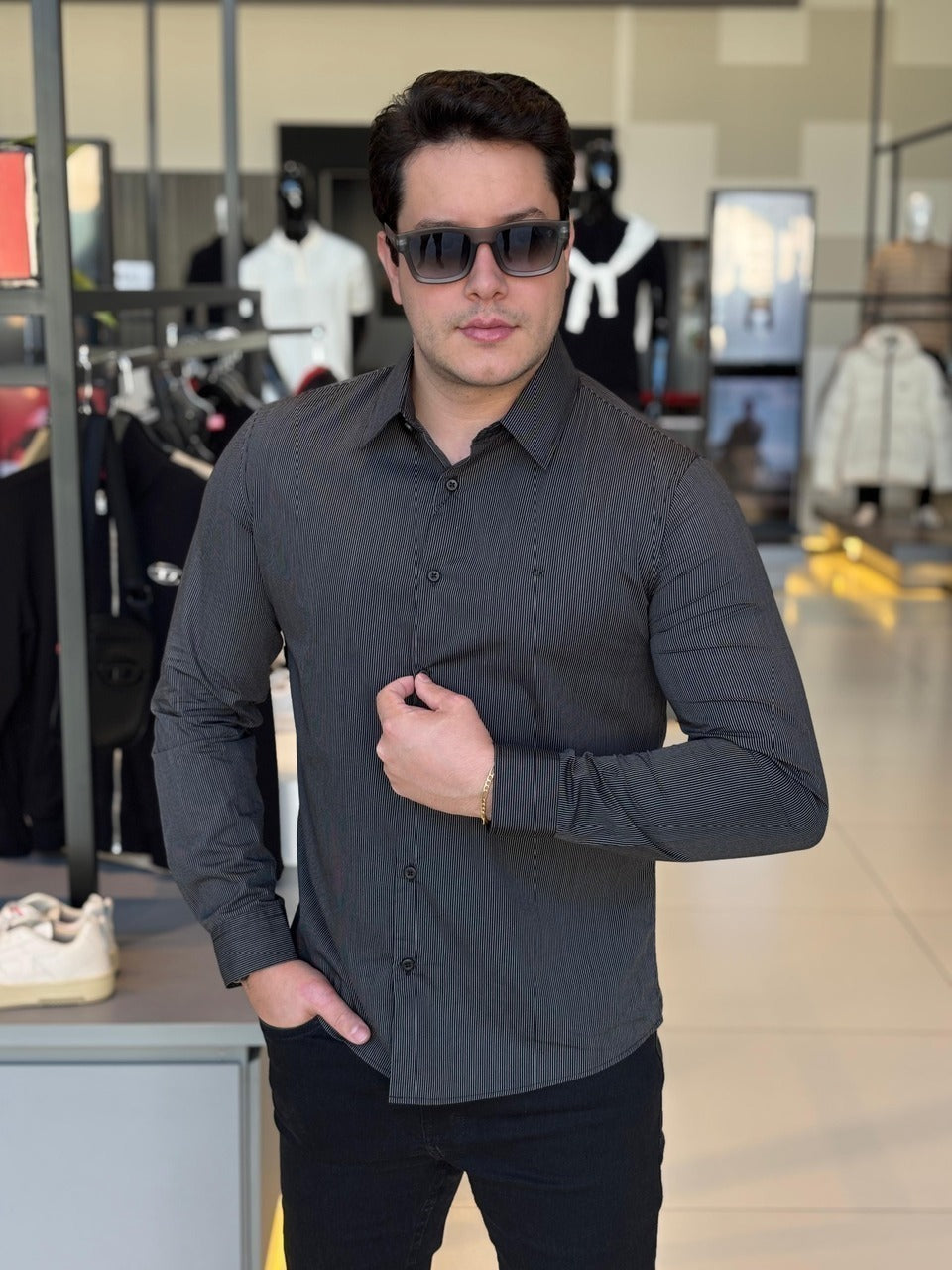 Camisa Calvin Klein Manga Longa Slim Fio 60 Masculino