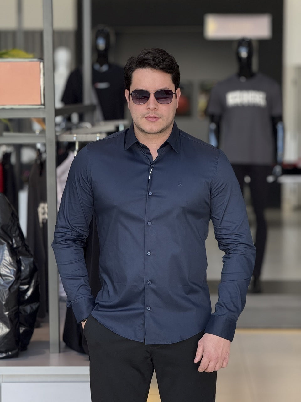 Camisa Calvin Klein Manga Longa Slim Fit CK Bordado Masculino