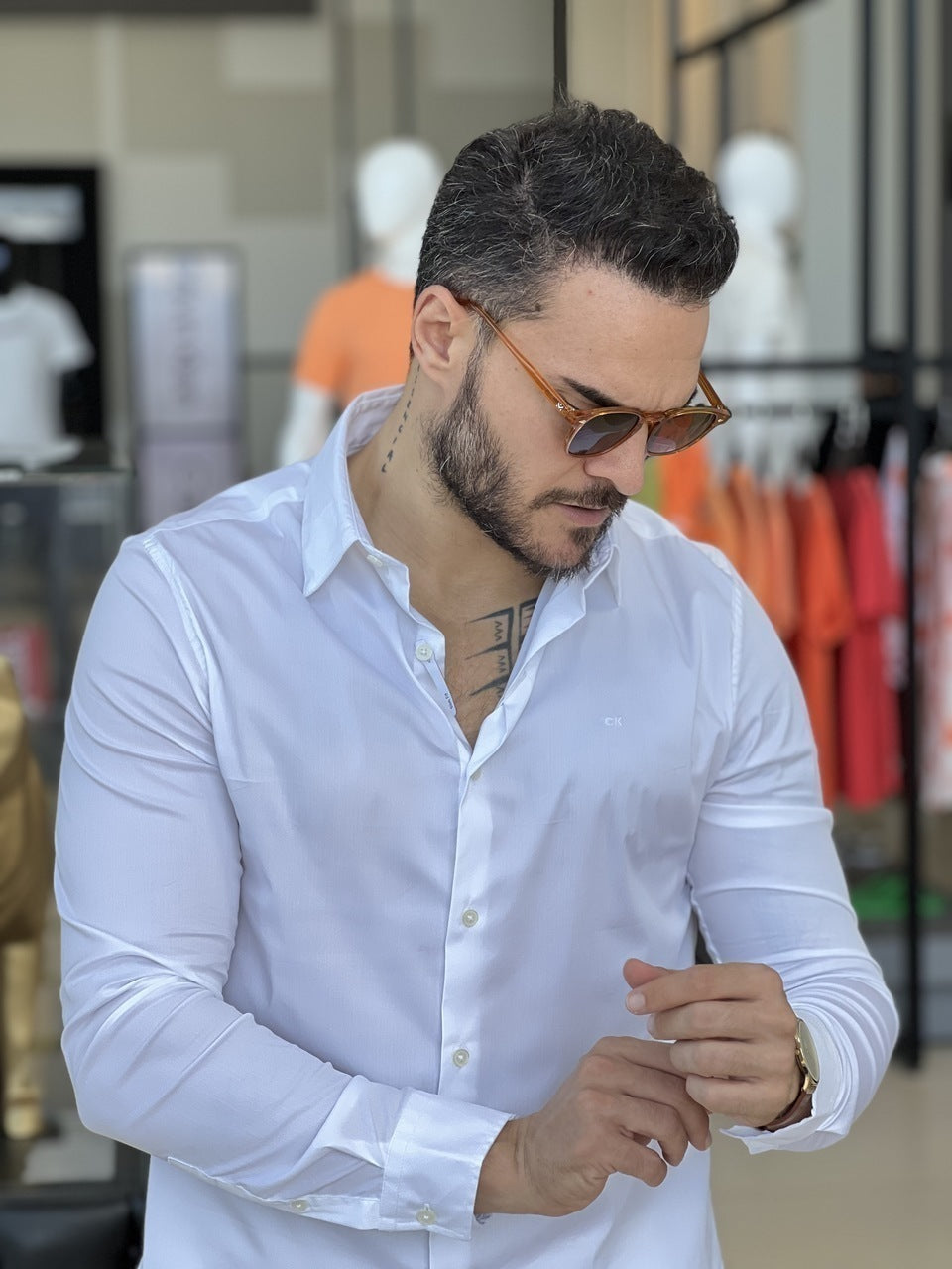 Camisa Calvin Klein Manga Longa Slim Fit CK Bordado Masculino