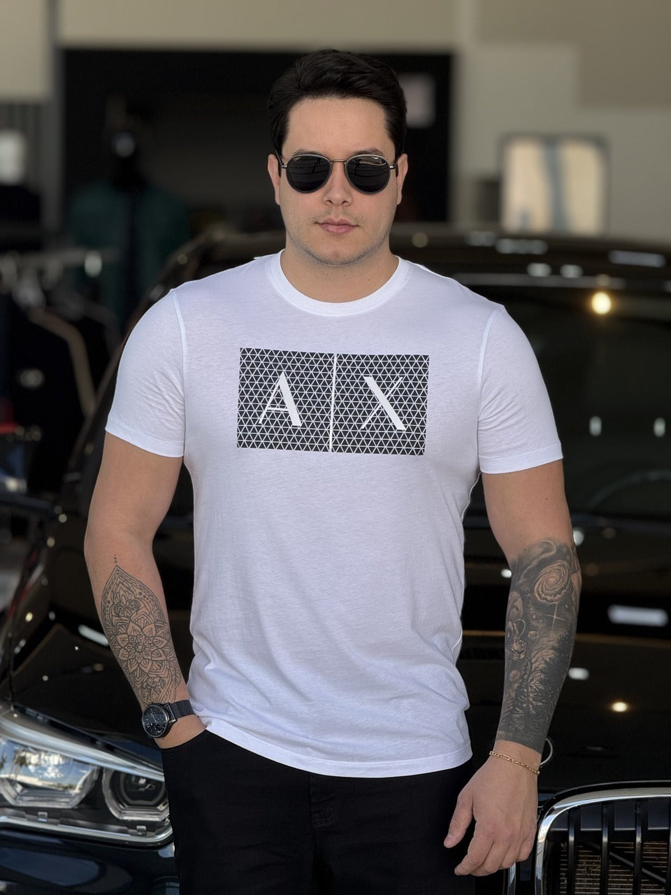 Camiseta Armani Exchange Slim Fit Detalhes Emborrachado Logo Assinatura Masculino