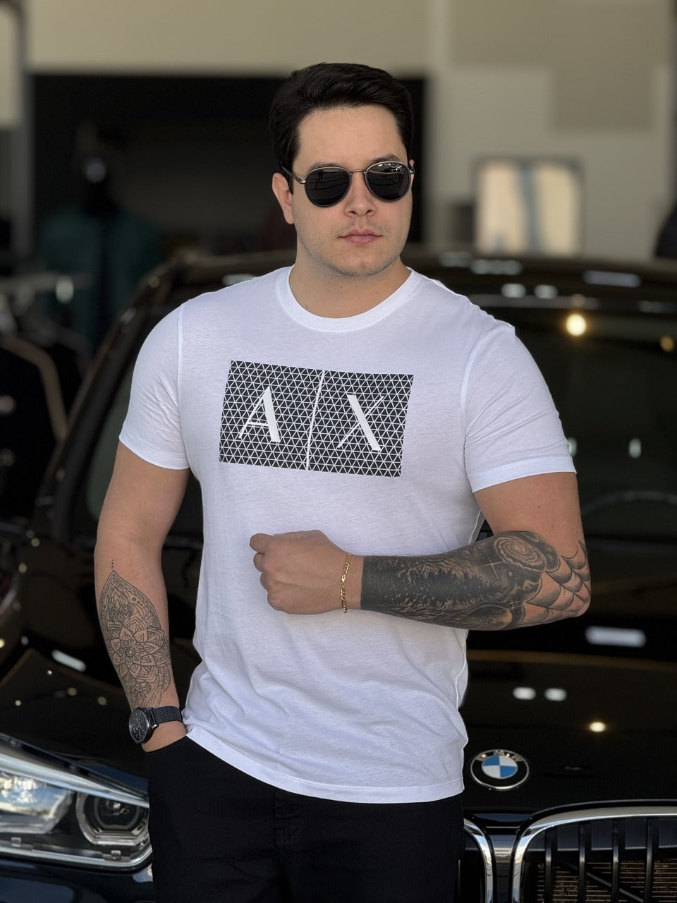Camiseta Armani Exchange Slim Fit Detalhes Emborrachado Logo Assinatura Masculino