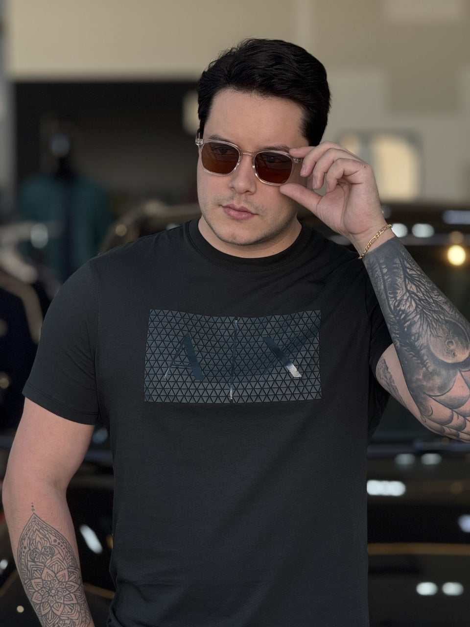 Camiseta Armani Exchange Slim Fit Detalhes Emborrachado Logo Assinatura Masculino