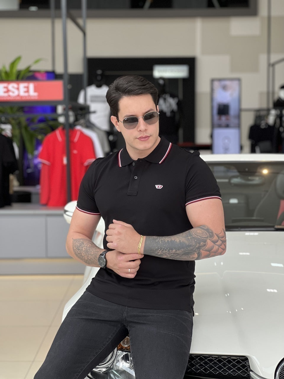 Polo Diesel T-Smith-D Frisos na Gola e Punho Logo Bordado Masculino Preto